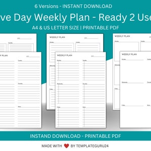 Könnte beinhalten: Sechs druckbare Wochenplanvorlagen in Schwarzweiß. Jede Vorlage trägt den Titel "Wochenplan" und bietet Platz für fünf Wochentage. Die Vorlagen sind für A4- und US-Letter-Papierformate konzipiert.