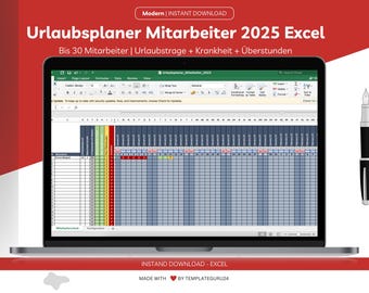 Vacation planner Excel template for employees 2025 including vacation days, overtime, illness, shift - plan vacation for up to 30 employees
