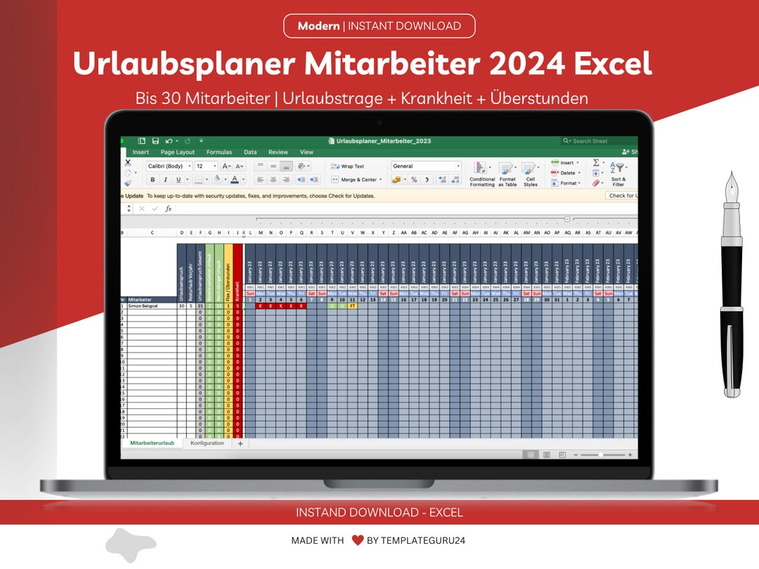  Urlaubsplaner Excel Vorlage für Mitarbeiter 2024 inkl. Urlaubstagen 
