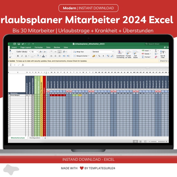 Urlaubsplaner Excel Vorlage für Mitarbeiter 2024 inkl. Urlaubstagen, Überstunden, Krankheit, Schicht - für bis 30 Mitarbeiter Urlaub planen