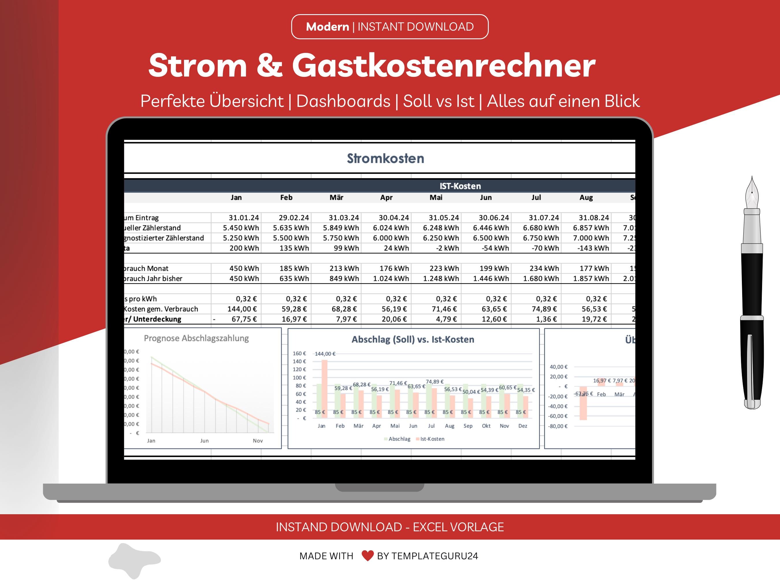 Electricity costs & gas costs Excel template for download. Track electricity costs or gas costs and have an overview with clear dashboards