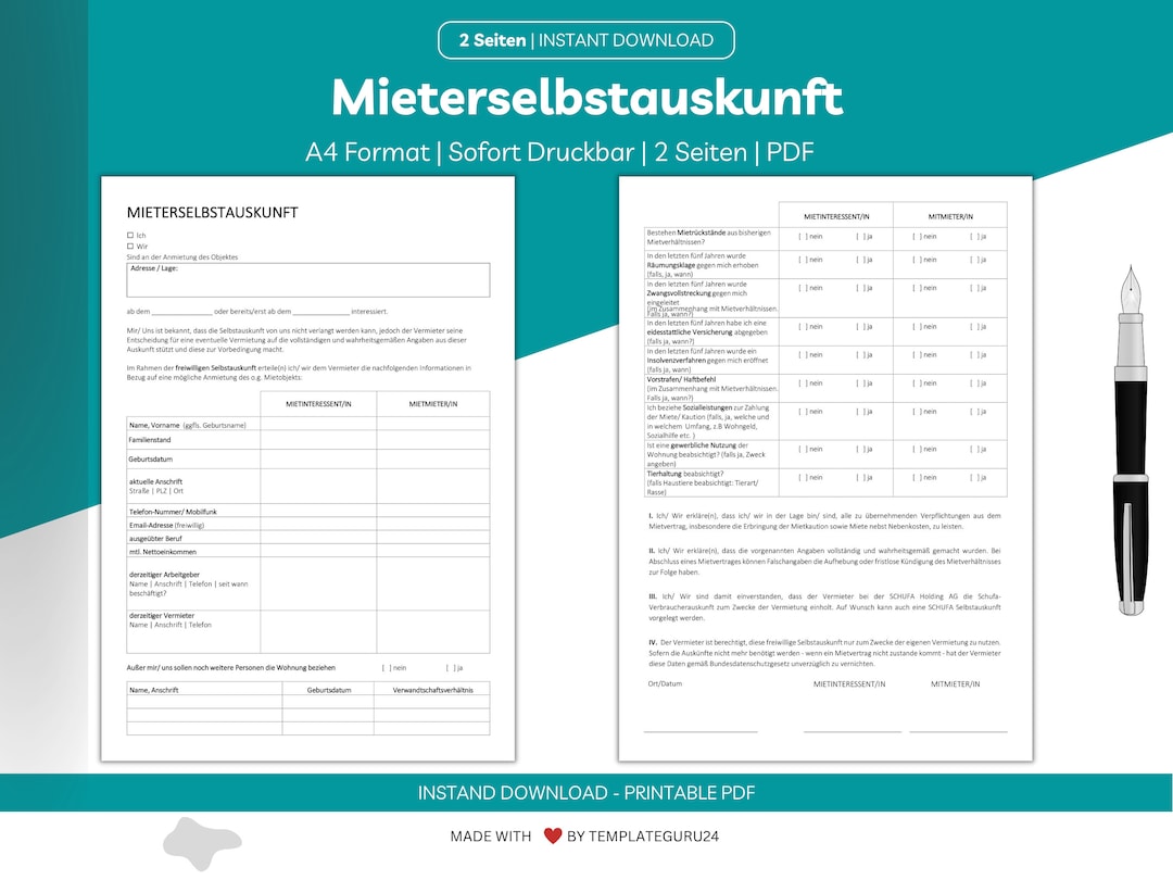 Mieterselbstauskunft Vorlage deutsch für Wohnungsbewerbung als PDF zum Ausdrucken Selbstauskunft