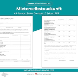 Könnte beinhalten: Ein schwarz-weißes, druckbares PDF-Dokument mit dem Titel "Mieterselbstauskunft" und dem Text "A4 Format | Sofort Druckbar | 2 Seiten | PDF" in der Kopfzeile. Das Dokument ist ein Mieterselbstauskunftsformular mit Abschnitten für persönliche Daten, Referenzen und eine Erklärung der Wahrheitsgemässheit.