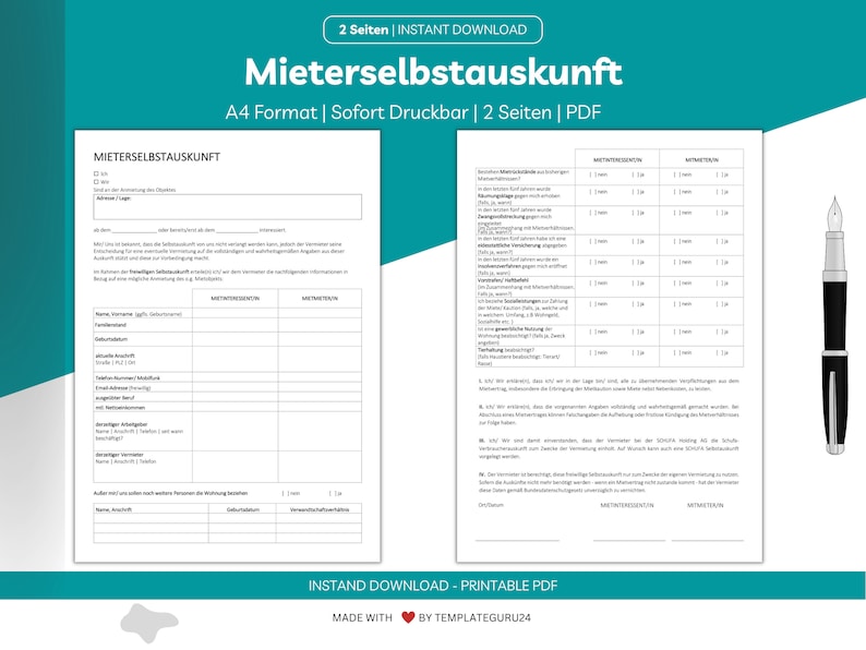 Tenant Selfassessment Template German for Apartment Application as PDF for Printing Tenant Self