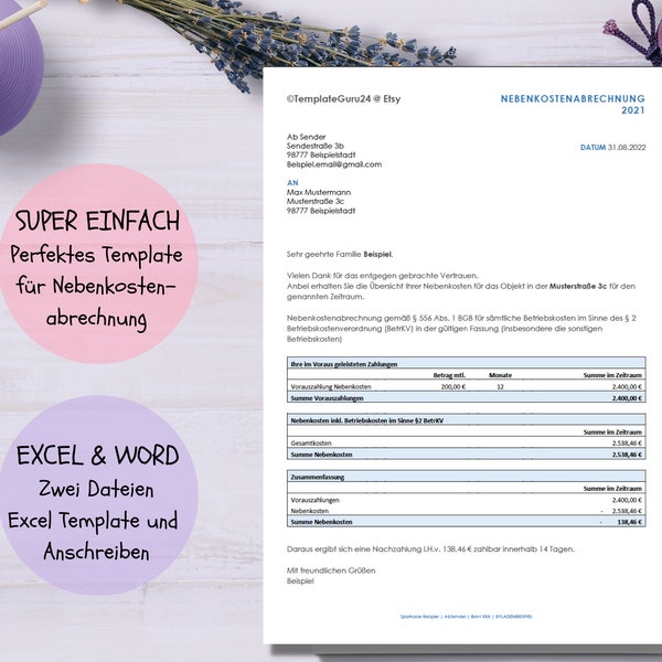 Einfache Nebenkostenabrechnung als Excel-Template inklusive Anschreiben - benutzerfreundliche Nebenkostenabrechnug einfach anpassbar