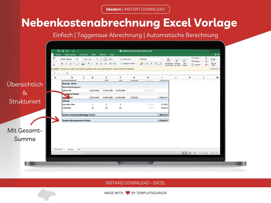 Einfache Nebenkostenabrechnung als ExcelTemplate. Für ein od. mehrere