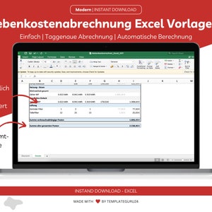 May include: A laptop computer screen displaying a spreadsheet with the title "Nebenkostenabrechnung Excel Vorlage". The spreadsheet is in German and includes columns for "Heizung", "Strom", "Wasser", "Müll", "Sonstiges", "Gesamt", and "Summe aller genannten Positionen".