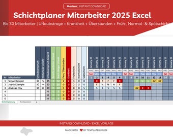 Shift planner Excel template for employees 2025 including vacation days, early shift, normal shift & late shift | Duty planner Excel template