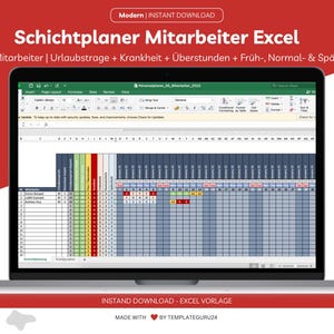 Può includere: Un laptop mostra un foglio di calcolo Excel con un modello di pianificazione. Lo schermo mostra una griglia con righe e colonne, e il testo "Schichtplaner Mitarbeiter Excel" è visibile. Una penna nera e argento è a destra.