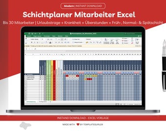 May include: A laptop displays an Excel spreadsheet with a schedule template. The screen shows a grid with rows and columns, and the text "Schichtplaner Mitarbeiter Excel" is visible. A black and silver pen is on the right.