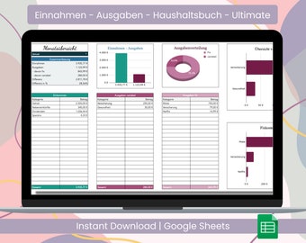 May include: A screenshot of a Google Sheets spreadsheet template for a personal budget tracker. The spreadsheet is divided into sections for monthly income, expenses, and expense distribution. The spreadsheet includes charts and graphs to visualize income and expenses.