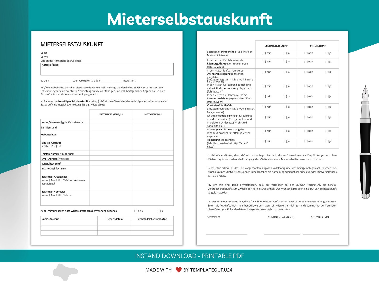 Tenant Selfassessment Template German for Apartment Application as PDF for Printing Tenant Self