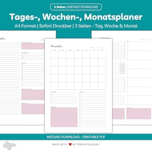 Daily, weekly, monthly planner in pink as organizer, planner, calendar | Digital | German | A4 size | Printable | Instant Download |