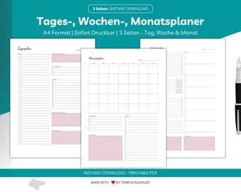 Könnte beinhalten: Ein druckbarer Planer mit drei Seiten für die tägliche, wöchentliche und monatliche Planung. Der Planer ist im A4-Format und enthält den Text "Tages-, Wochen-, Monatsplaner" und "3 Seiten - Tag, Woche & Monat".