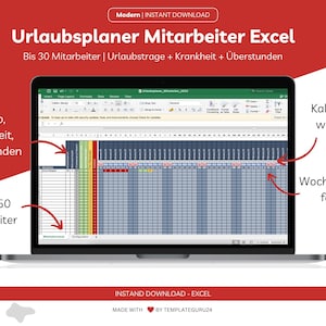 Vacation planner Excel template for employees 2026 including vacation days, overtime, sick leave, shift work - for planning vacations for up to 30 employees