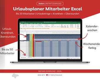 Urlaubsplaner Excel Vorlage für Mitarbeiter 2026 inkl. Urlaubstagen, Überstunden, Krankheit, Schicht - für bis 30 Mitarbeiter Urlaub planen