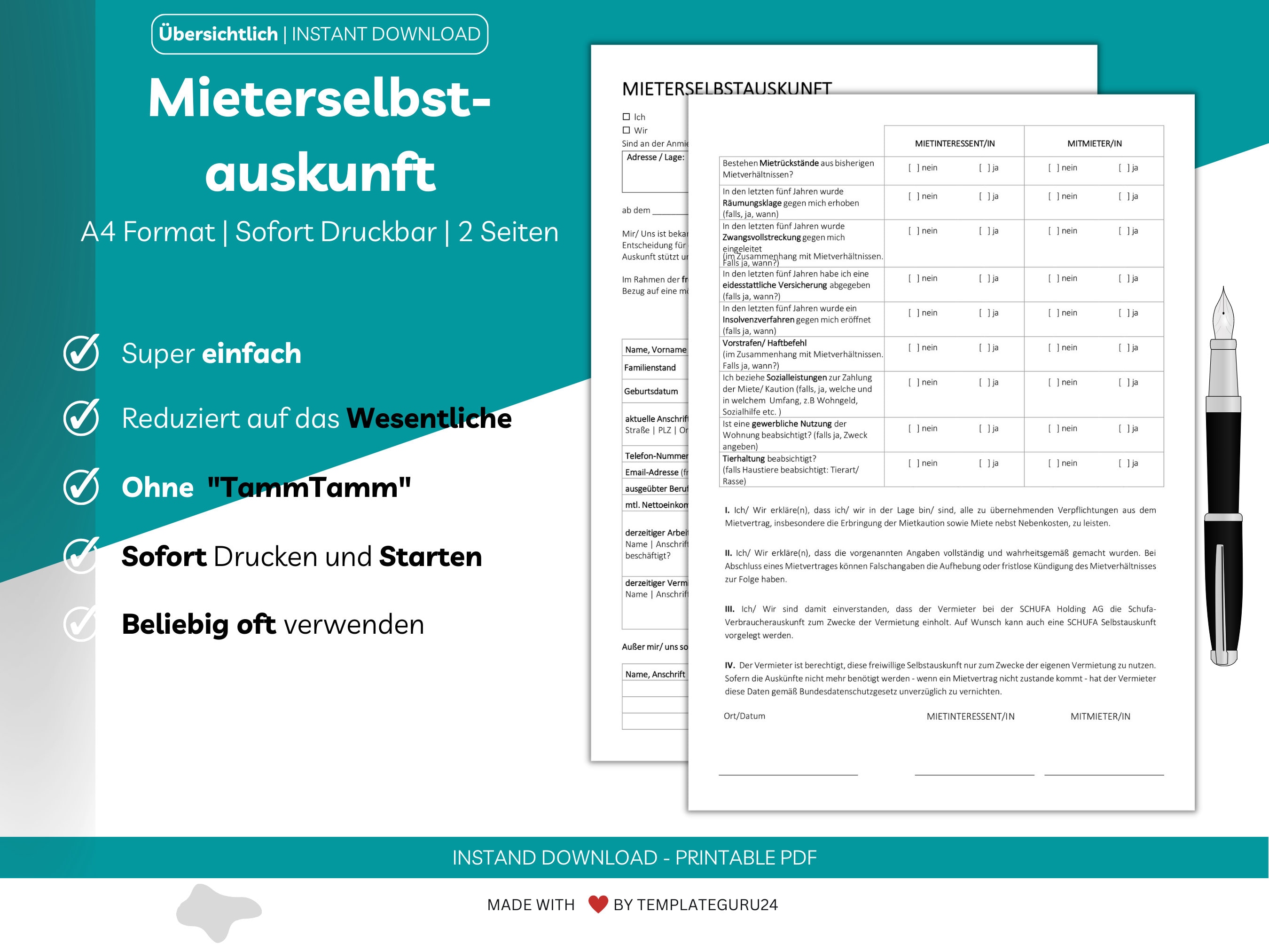 Mieterselbstauskunft Vorlage deutsch für Wohnungsbewerbung als PDF zum Ausdrucken Selbstauskunft