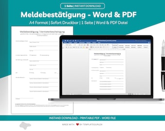 Registration confirmation landlord template German as PDF & Word for printing | Registration certificate template in Word for editing and download