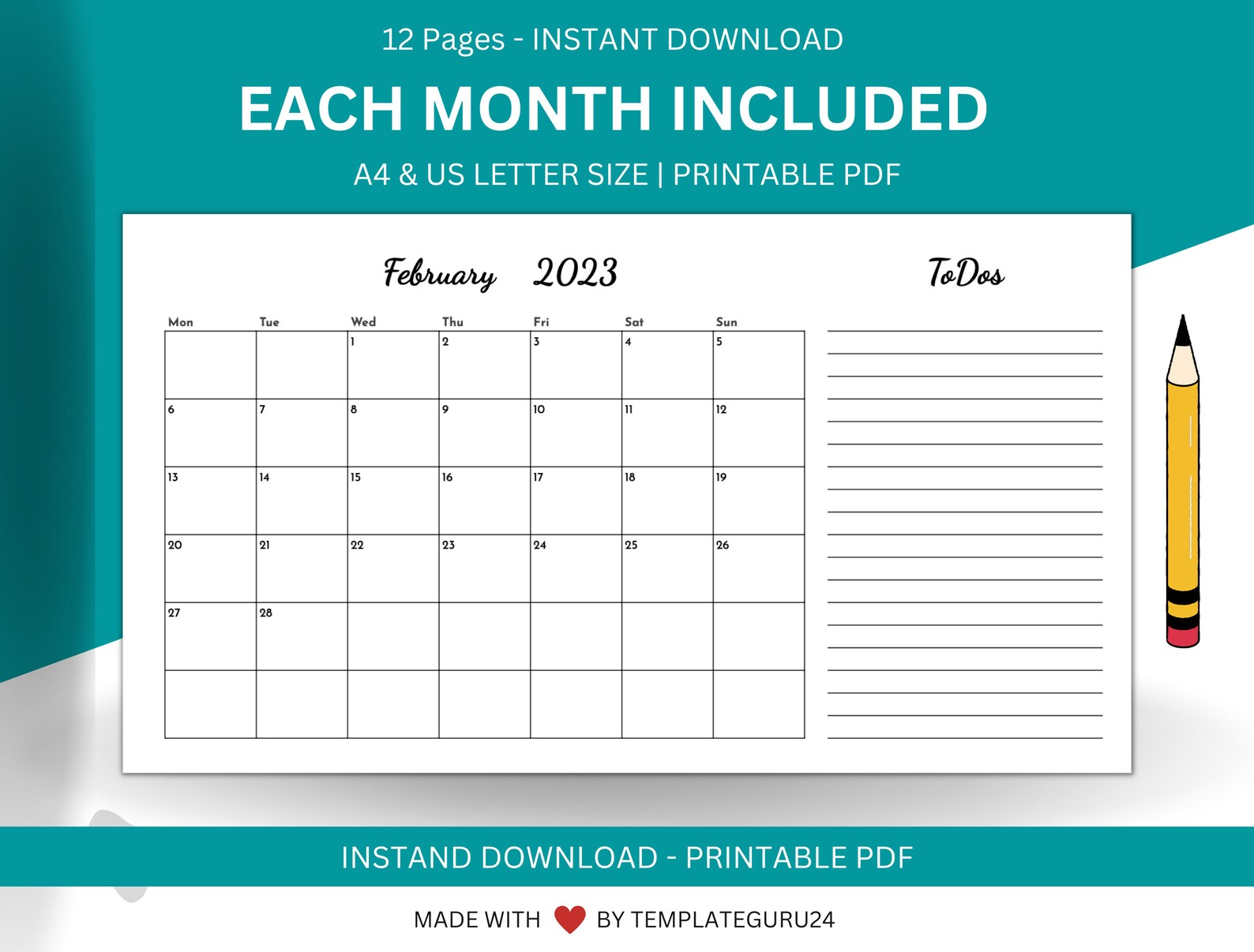 2023 Monthly Calendar With Notes & Todos, Printable Calendar Template