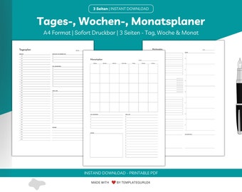 Daily Planner, Weekly Planner, Monthly Planner, Organizer, Planner, Calendar | Digital | German | A4 size | Printable | Instant Download |