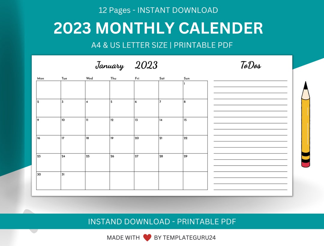 2023 Monthly Calendar With Notes & Todos, Printable Calendar Template