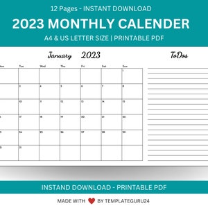2023 Monthly Calendar with Notes & ToDos, Printable Calendar Template Fillable, Minimalist Calendar, Year Planner, Landscape, A4/Letter