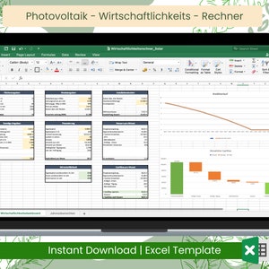 May include: A laptop screen displaying a spreadsheet with the title "Photovoltaik - Wirtschaftlichkeits - Rechner" and a graph showing the profitability of a solar panel system. The spreadsheet is in German and includes data on the cost of the system, the amount of electricity generated, and the financial return on investment. The graph shows the monthly cash flow over a period of 20 years. The spreadsheet is titled "Wirtschaftlichkeitsrechner Solar".