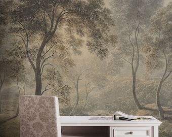 May include: A white wooden desk with a single drawer and a matching chair upholstered in a beige floral damask fabric. The desk features a flat top surface with an open shelf and a small brass knob on the drawer, positioned against a mural wall.