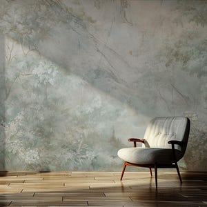 Soft blue, green Trees Wallpaper Mural, elegant neutral landscape. Peel and stick or textured regular wall art. Removable.