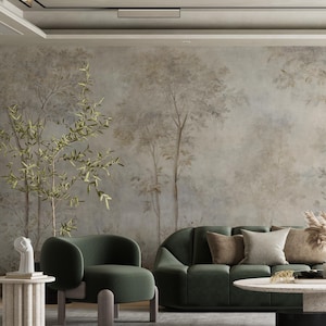 Neutral vintage Woodland Wallpaper Mural: Beige, cream, green  - Peel and stick or Textured