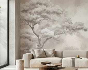Misty Tree Wallpaper Mural, Soft Neutral Foggy Forest Wall Art