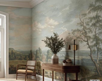 Vintage Countryside Wallpaper Mural, Pastoral Landscape, Peel & Stick
