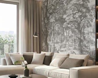 Black and White Park Landscape Wallpaper Mural, French Toile, Peel and Stick, Custom Size