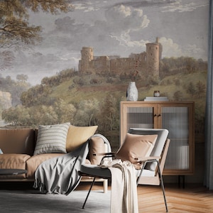 Watercolor VINTAGE wallpaper, LANDSCAPE wall mural. Trees, scenic Vinyl regular or peel and stick wallpaper. Removable, self-adhesive.