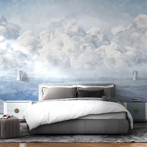 Cloud WALLPAPER, landscape wall MURAL. Blue sky Vinyl wall decor. Scenic wallprint. Self adhesive, removable wallpaper.
