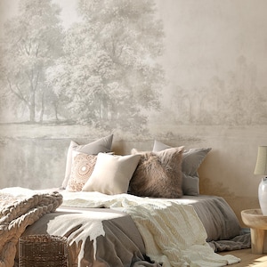 Neutral Landscape Wall Mural, Subtle Beige Tree Wallpaper, Vintage Scenic Bedroom Mural, Custom Size