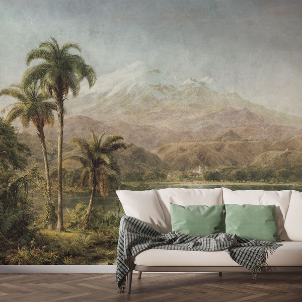 Landscape MURAL with palms, Vintage Tropical WALLPAPER. Botanical, forest Vinyl painted wallpaper. Self adhesive, removable wall decor.