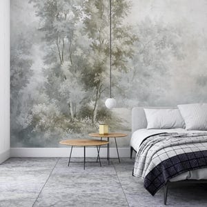 Cottagecore Landscape Wallpaper Mural: Soft Green Trees, Neutral Palette