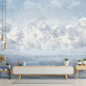 Cloud WALLPAPER, landscape wall MURAL. Blue sky Vinyl wall decor. Scenic wallprint. Self adhesive, removable wallpaper.