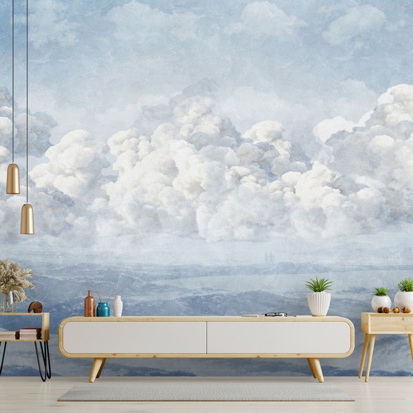 Cloud WALLPAPER, landscape wall MURAL. Blue sky Vinyl wall decor. Scenic wallprint. Self adhesive, removable wallpaper.