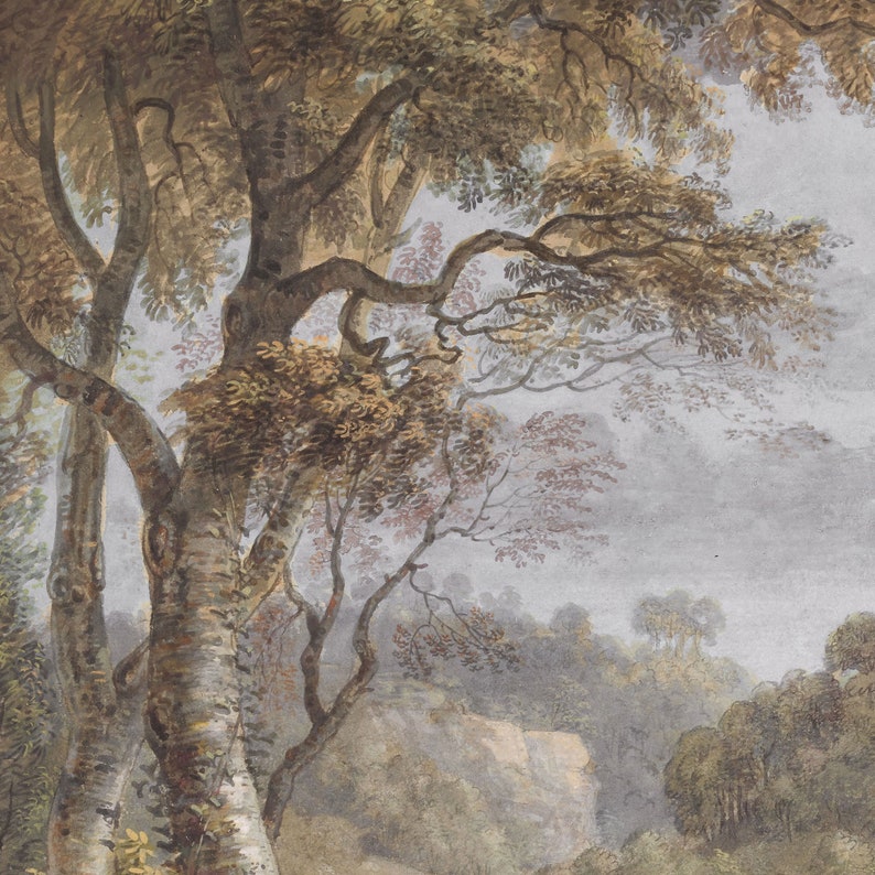Watercolor VINTAGE Wallpaper LANDSCAPE Wall Mural. Trees Etsy