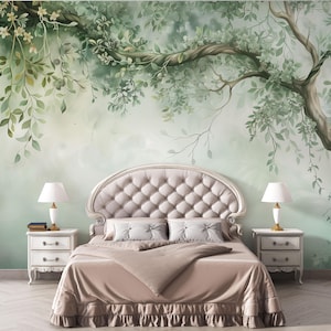 Papier peint mural branches d'arbre vert - Autocollant ou texturé