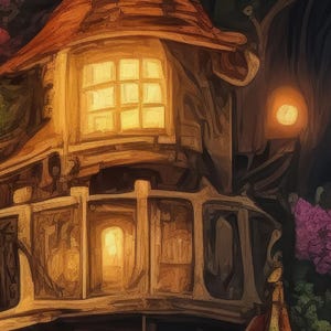 May include: A multi-story wooden structure with a curved roof and glowing windows. The exterior features warm amber lighting, intricate architectural details, and a dark, textured facade. A small, circular light source is visible on the right side.