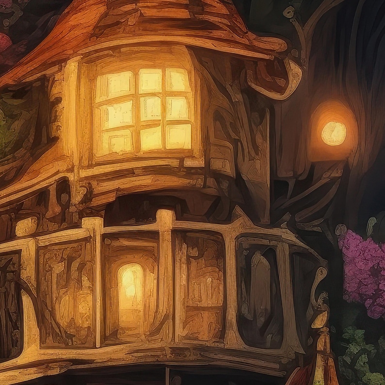 May include: A multi-story wooden structure with a curved roof and glowing windows. The exterior features warm amber lighting, intricate architectural details, and a dark, textured facade. A small, circular light source is visible on the right side.