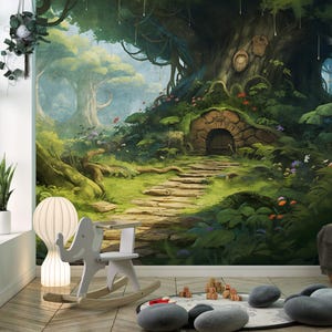 Carta da parati con foresta magica, murale di fate per bambini. Decorazioni murali per cameretta, da staccare e attaccare o in vinile su tessuto non tessuto. Dimensioni personalizzate.