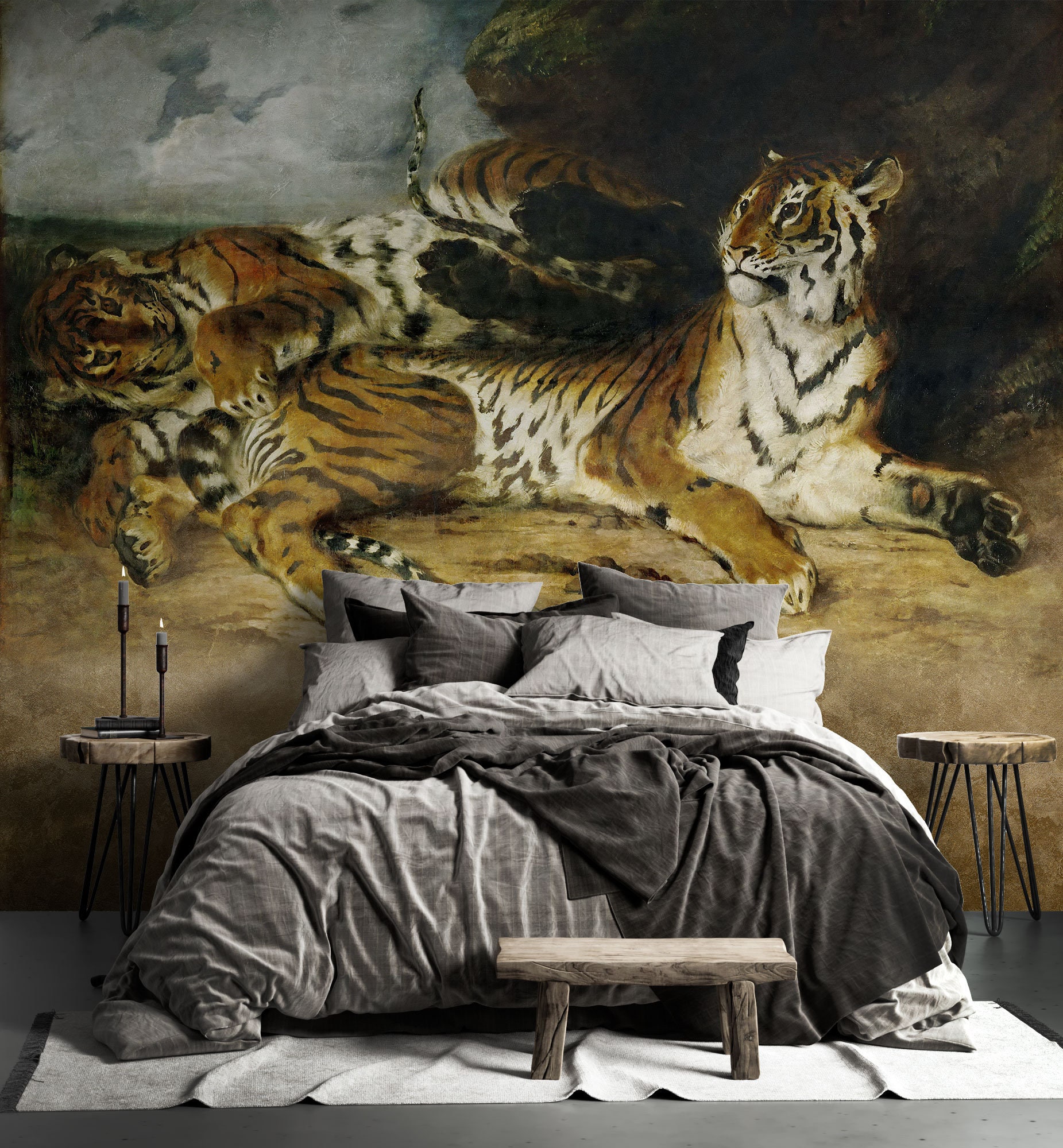 Vintage Tigers WALLPAPER, Animal Wall MURAL. Vinyl Painting Wall Decor