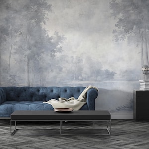 Light blue, warm gray wallpaper/landscape mural. Scenic wall decor. Peel and Stick or regular wallpaper with trees. Custom size wall art.