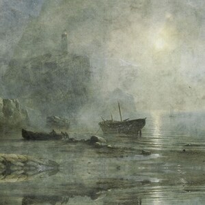 May include: An oil painting depicting a misty coastal scene at night with a glowing moon, a rocky cliff featuring a lighthouse, and two dark wooden boats resting in shallow water near the shore, with soft reflections visible on the wet sand.