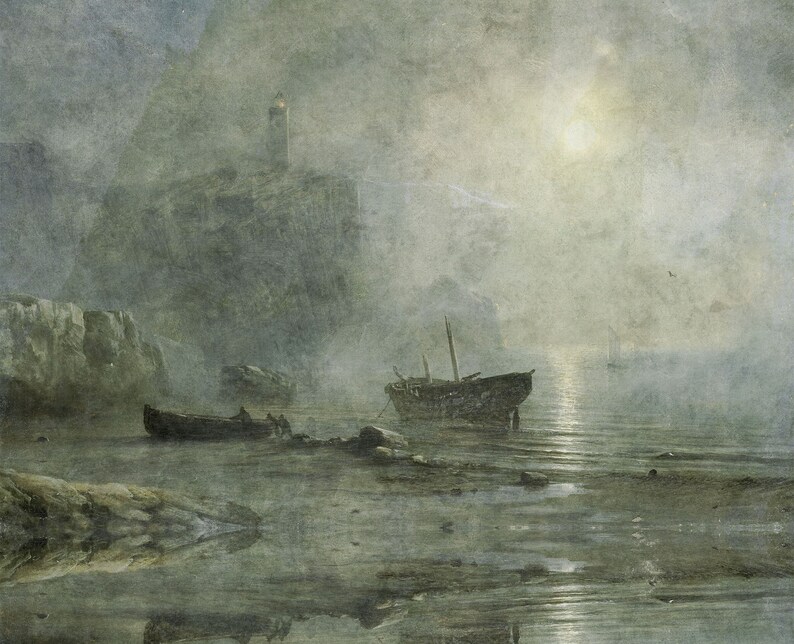 May include: An oil painting depicting a misty coastal scene at night with a glowing moon, a rocky cliff featuring a lighthouse, and two dark wooden boats resting in shallow water near the shore, with soft reflections visible on the wet sand.