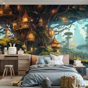 May include: A wall mural featuring a fantasy forest scene with illuminated treehouses, glowing lanterns, and large mushroom-like structures. The artwork displays a dark, detailed woodland environment with wooden bridges connecting the dwellings.